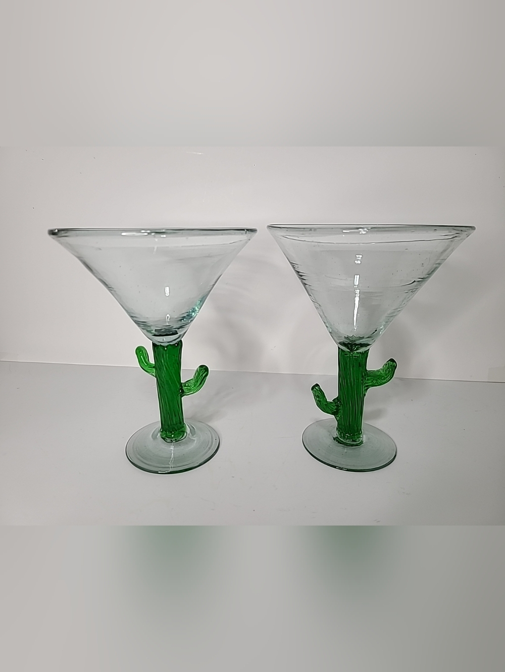 Handblown Mexican Margarita Glasses Set of 2 Green Cactus Stem Barware
